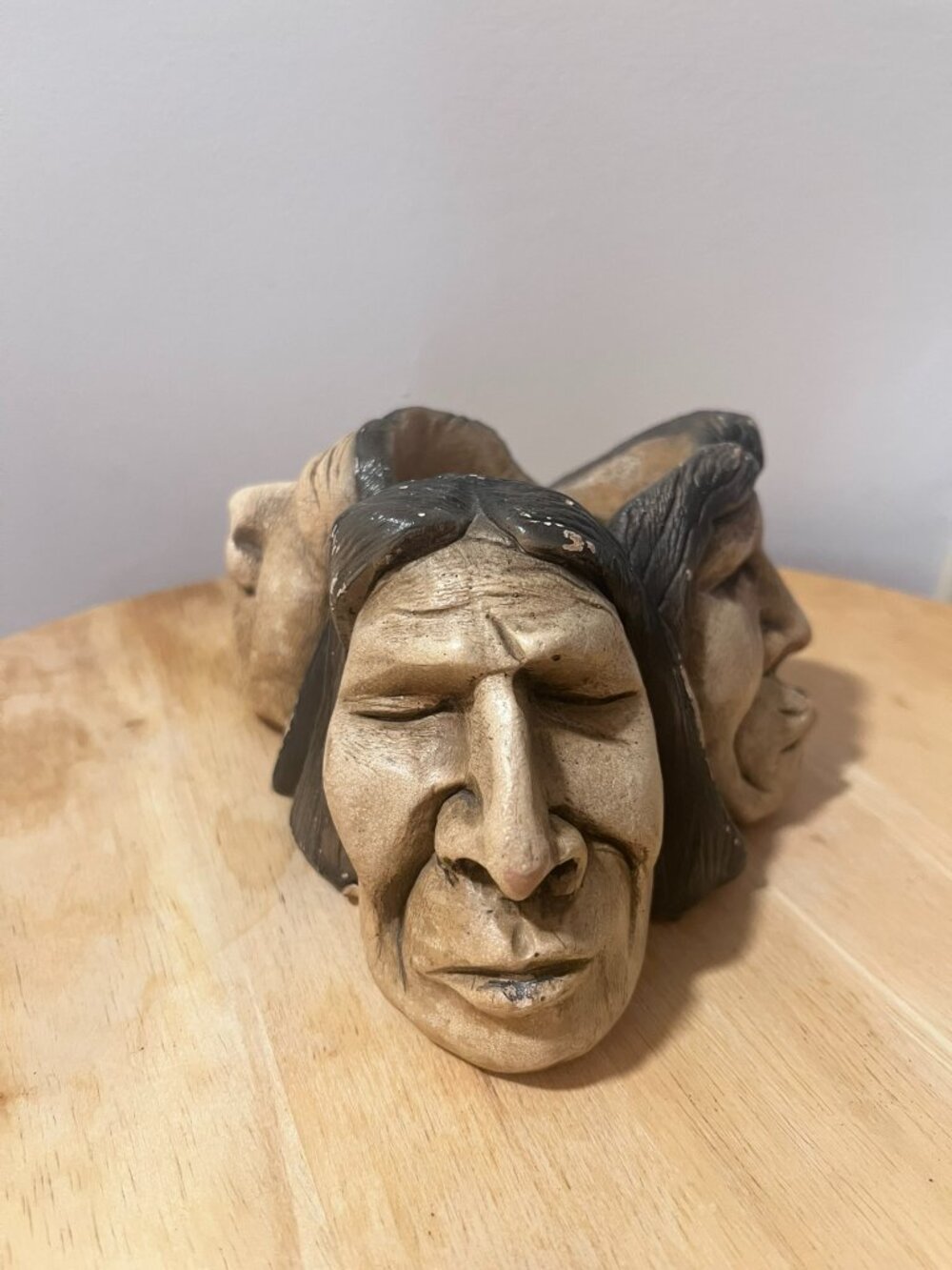 Signed Indigenous Faces Ashtray Sculpture By Tomas B Maruki 70s Circle of Elders